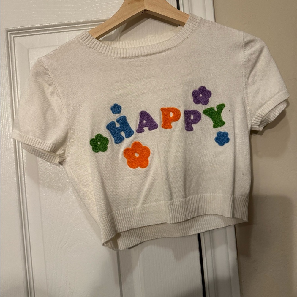 Le Lis White Tee with Multicolor Happy Design